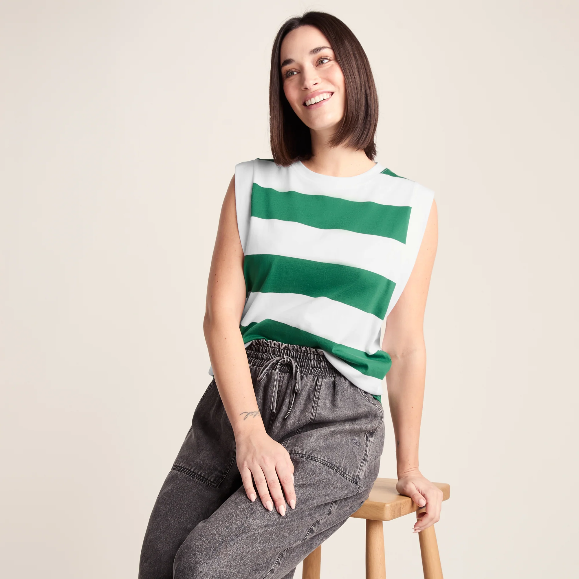 Aurelia Womens 100% Cotton Supersoft Boxy Fit Vest - Green Stripe - Image 4