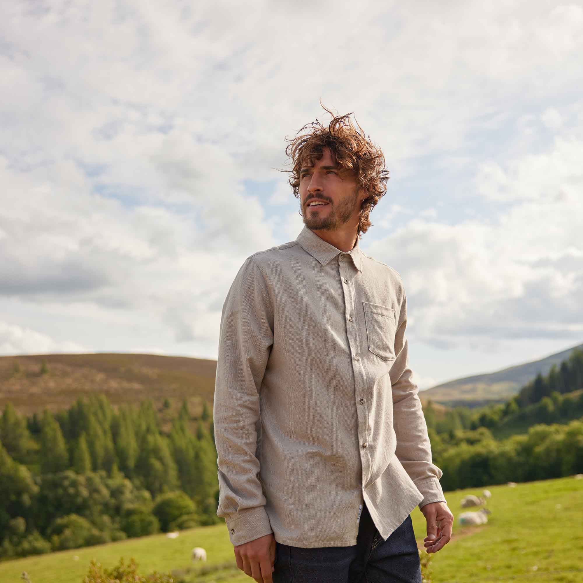 Draper Mens Long Sleeve Cotton Herringbone Shirt - Hazelnut - Image 11