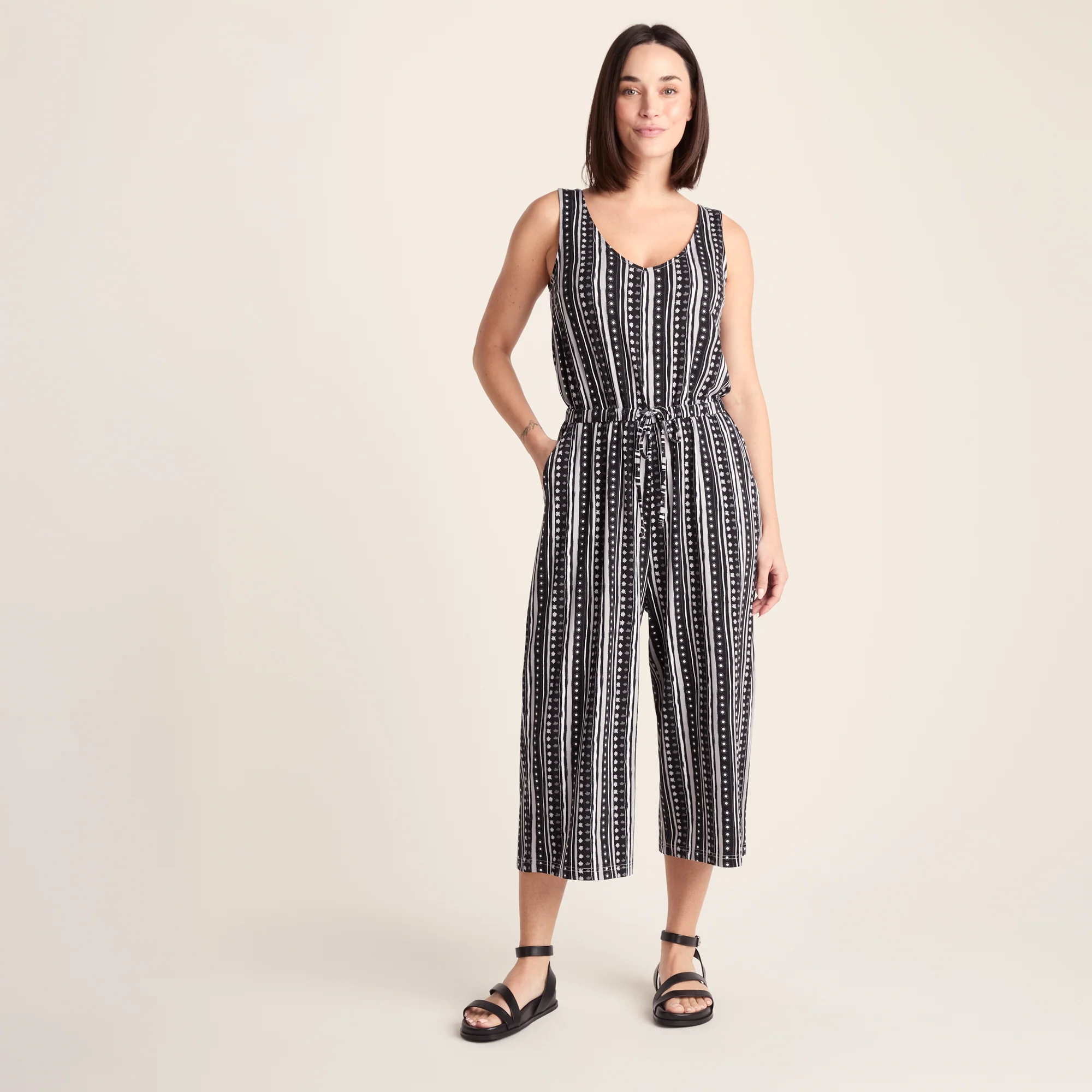 Emmie Womens Supersoft Jumpsuit - Black Doodle Stripe Print