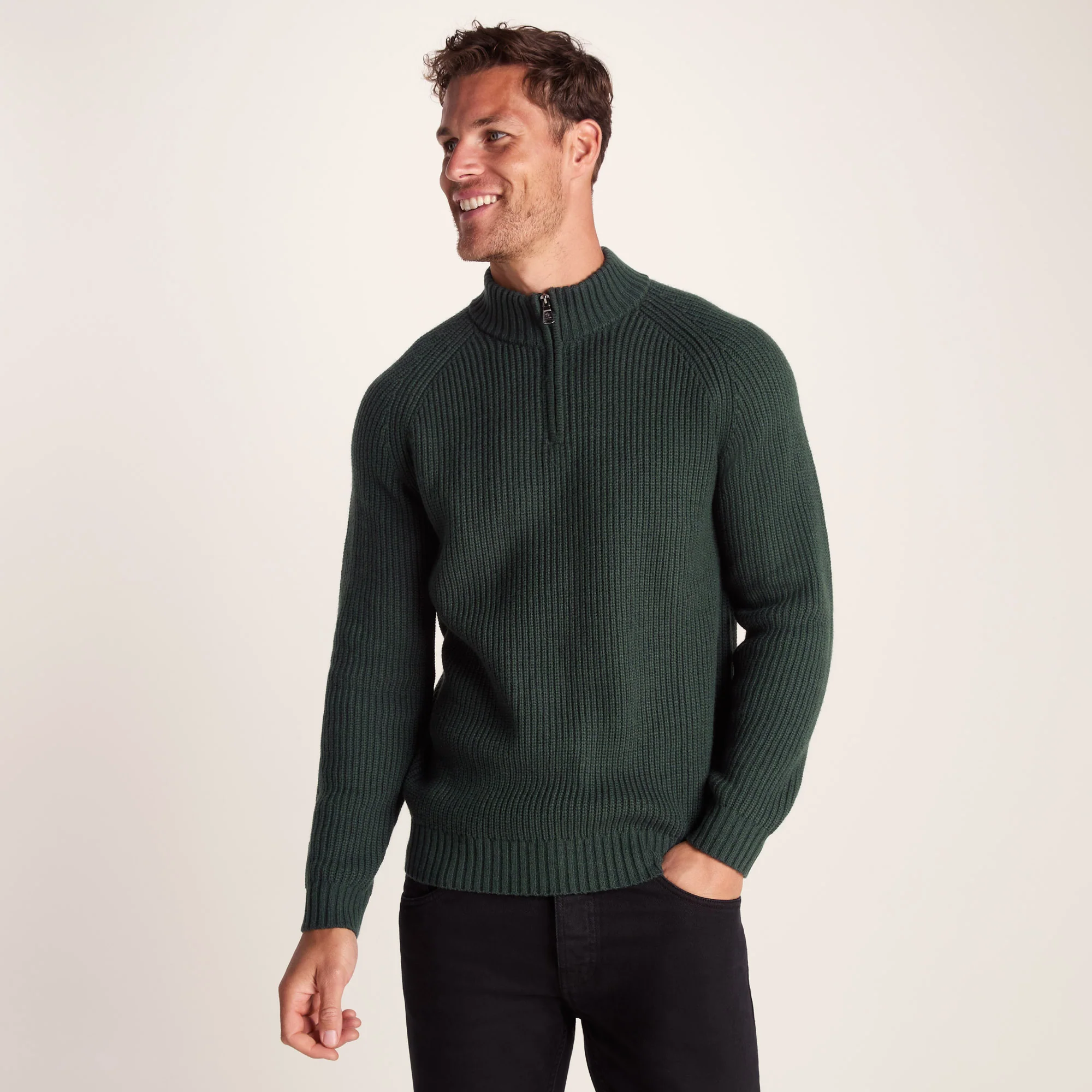 Glen Mens Chunky Knitted Zip Neck Jumper - Racing Green - Image 2
