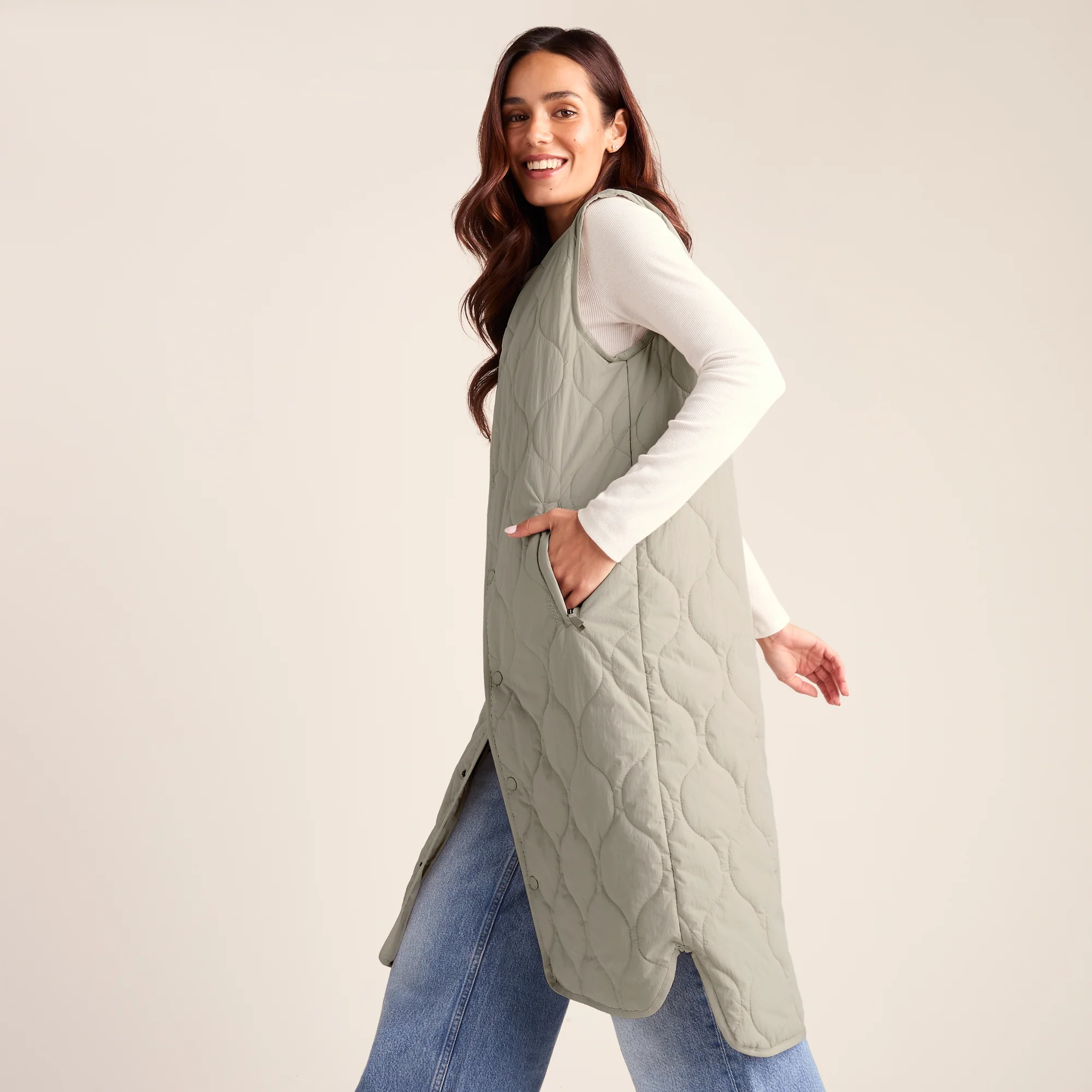 Jena Womens Relaxed Fit Long Insulated Gilet - Cool Beige - Image 5