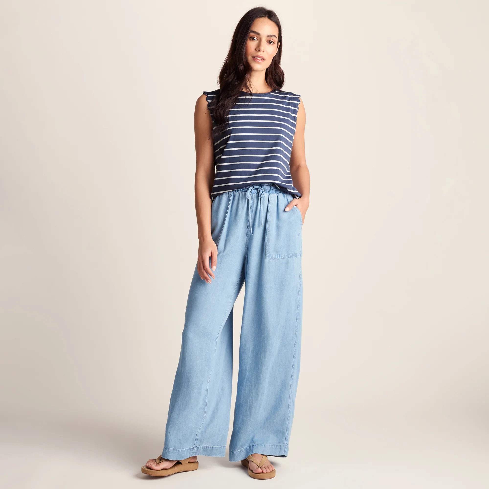 Katie Womens 100% Cotton Supersoft Vest - Smokey Blue/Optic White Stripe - Image 2