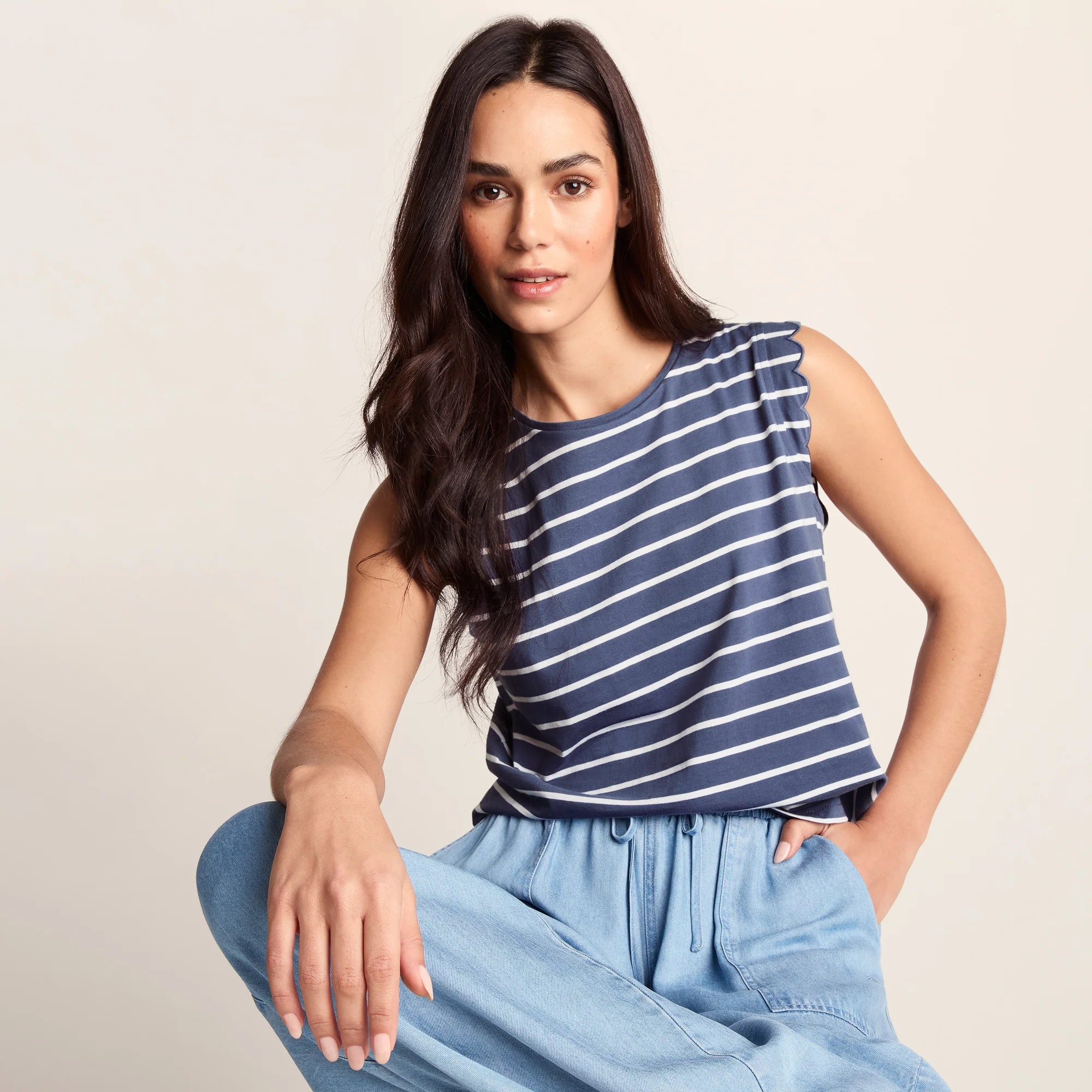 Katie Womens 100% Cotton Supersoft Vest - Smokey Blue/Optic White Stripe - Image 3