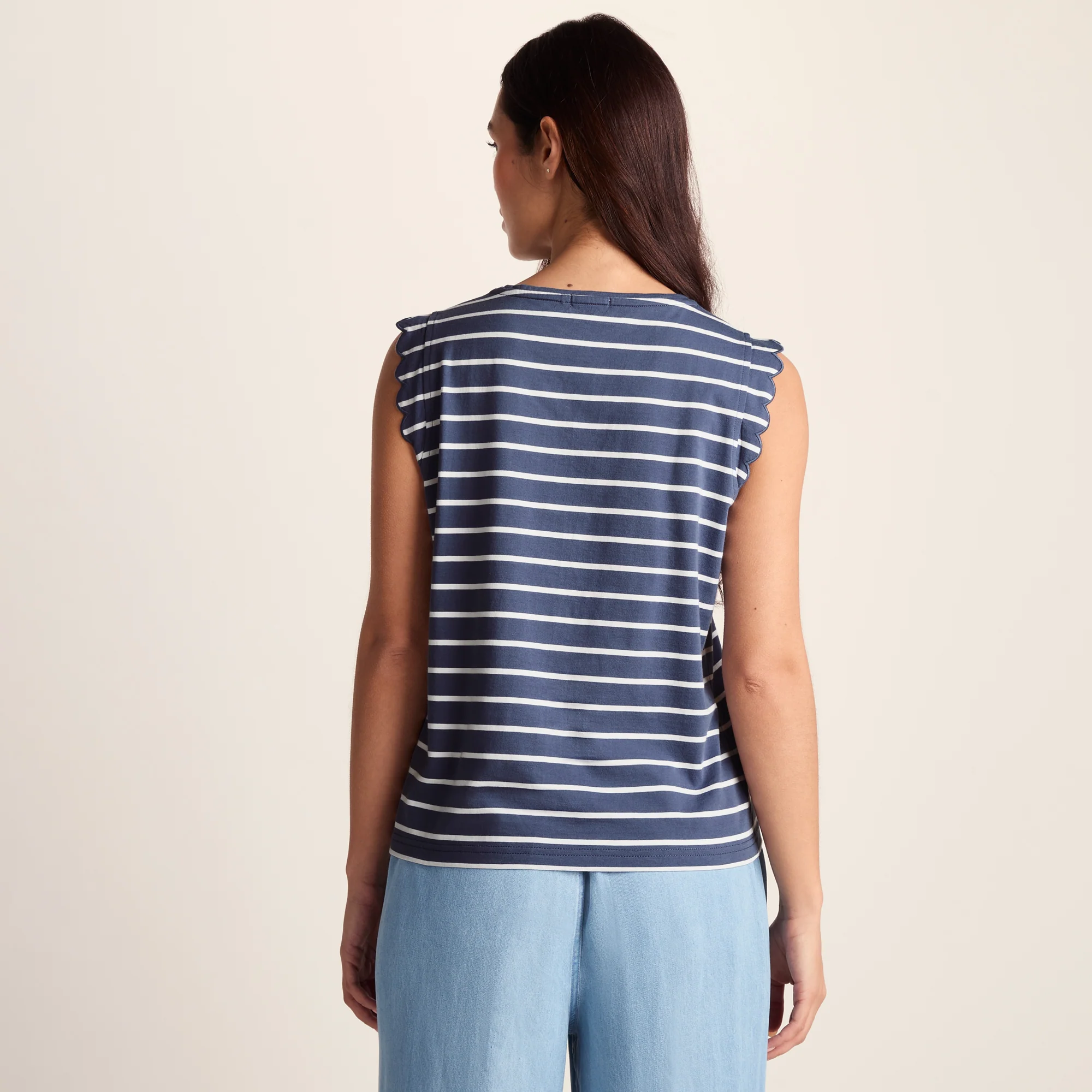 Katie Womens 100% Cotton Supersoft Vest - Smokey Blue/Optic White Stripe - Image 4
