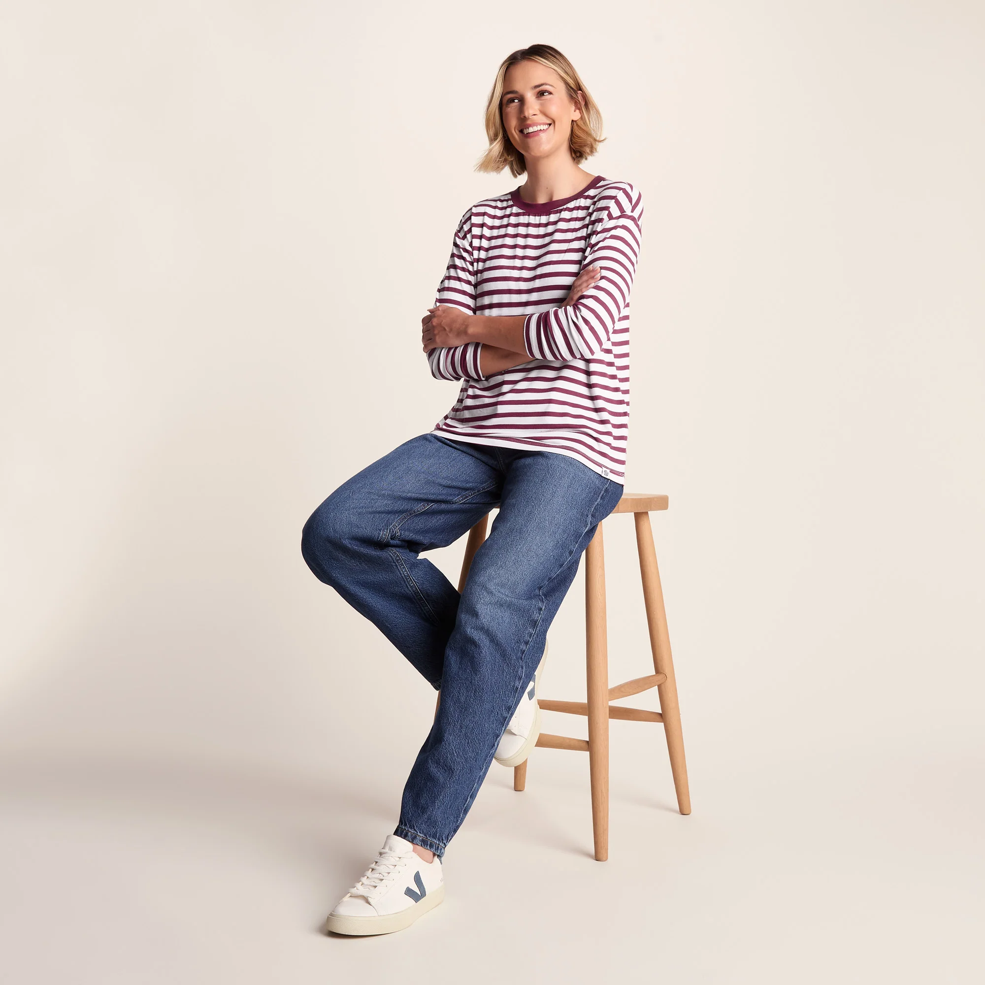 Kitty Womens Long Sleeve Striped T-Shirt - Washed Burgundy Stripe - Image 2