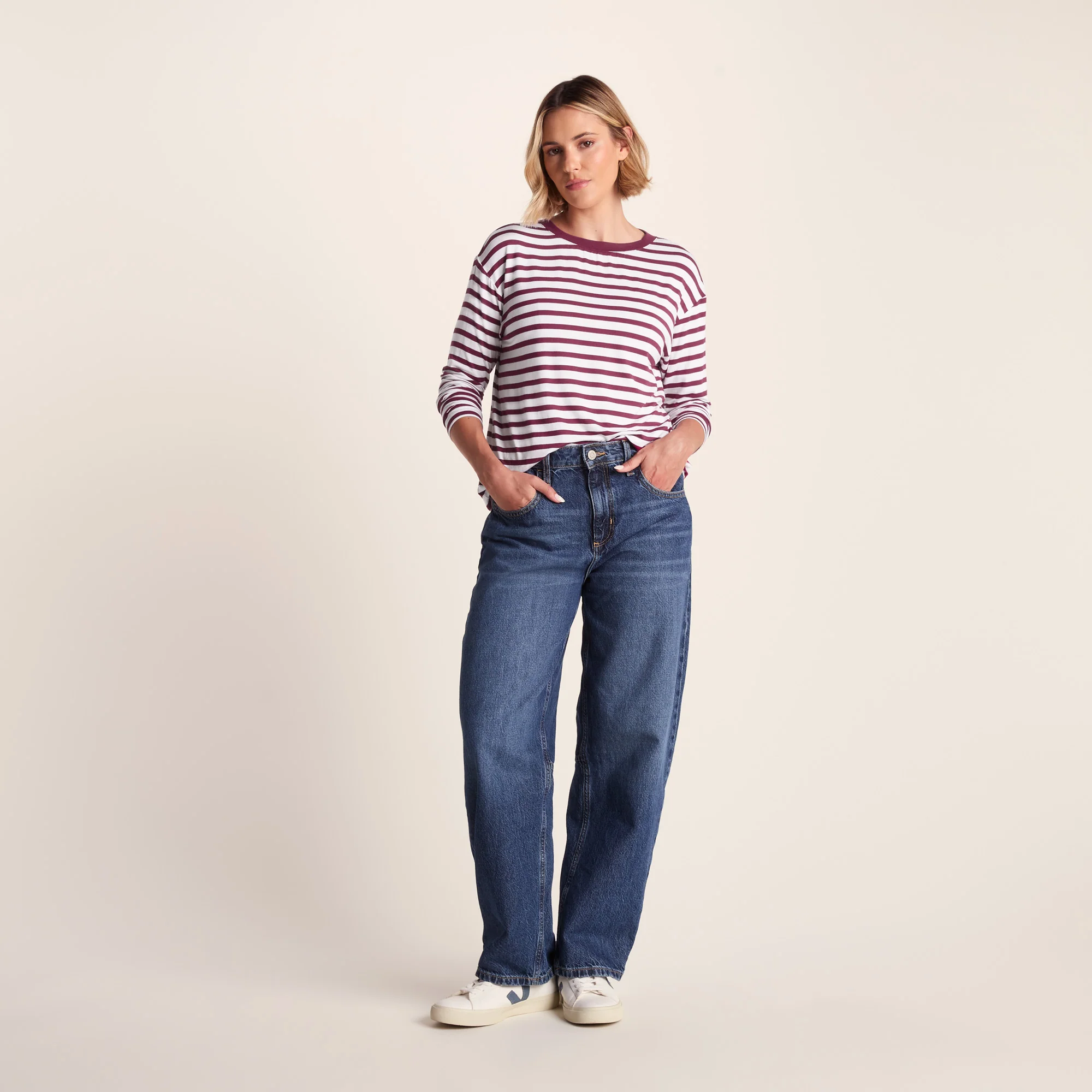 Kitty Womens Long Sleeve Striped T-Shirt - Washed Burgundy Stripe - Image 5