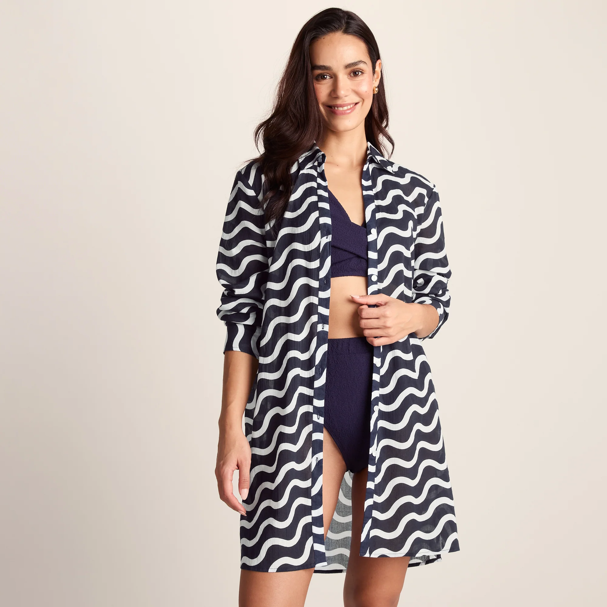Kylie Womens Long Sleeve 100% Cotton Supersoft Shirt LS - Oxford Blue Wave Print