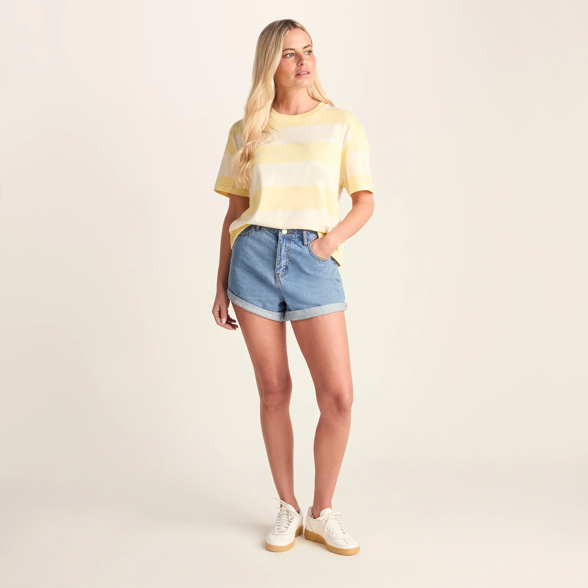 Lani Womens 100% Cotton Supersoft Boxy Fit T-Shirt - Butter Yellow Stripe - Image 2