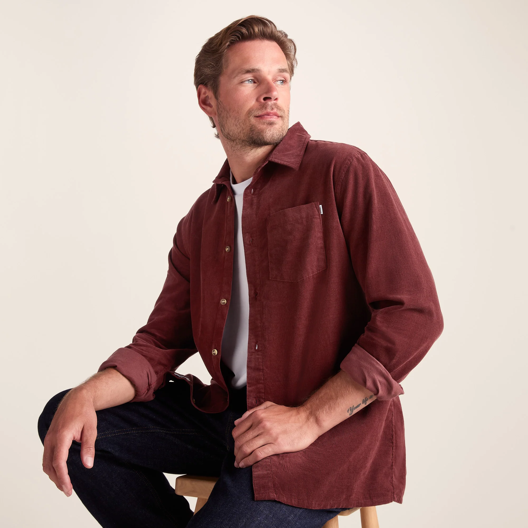 Lenny Mens Long Sleeve Lightweight Corduroy Shirt - Port - Image 5