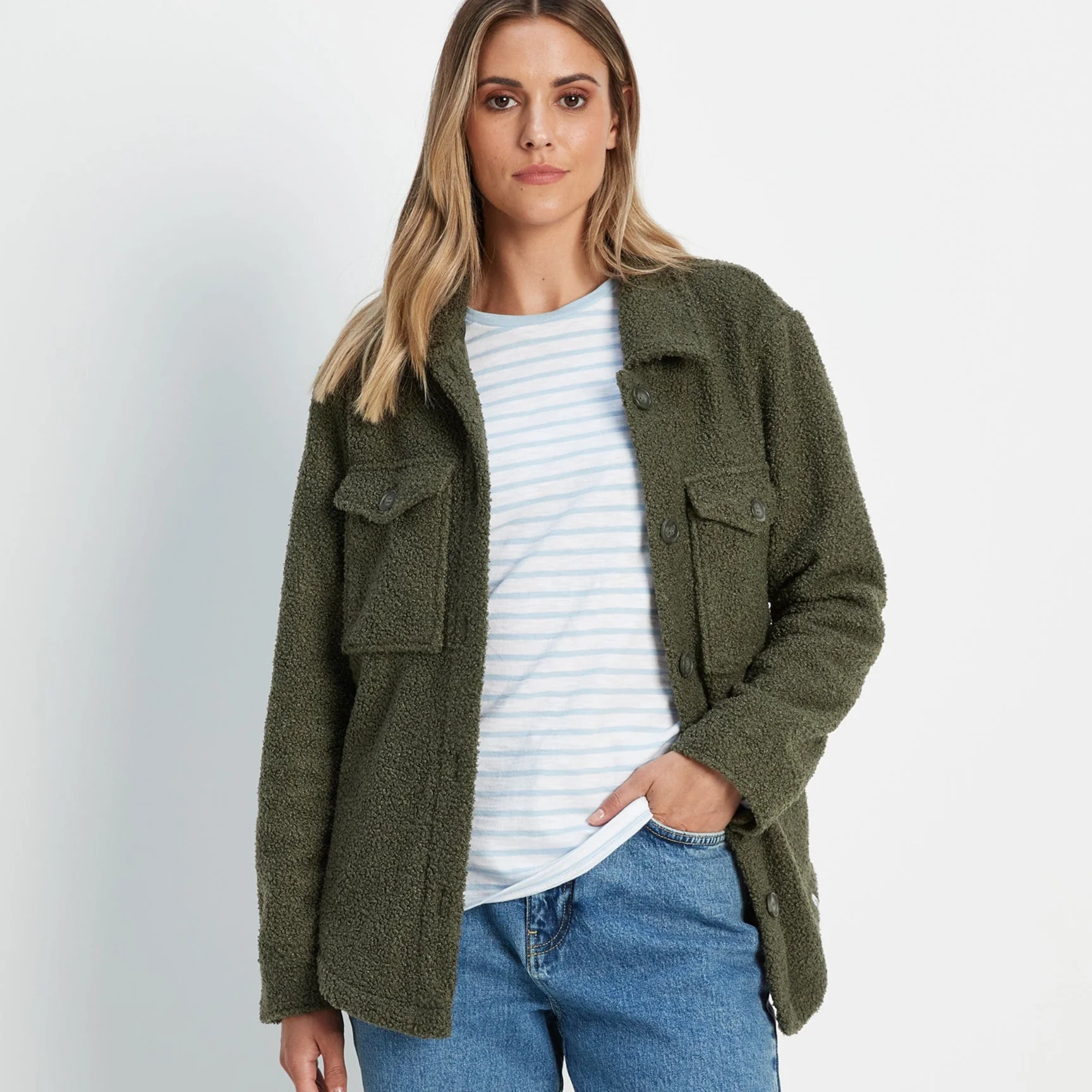 Maxine Womens Supersoft Sherpa Fleece Shacket - Khaki