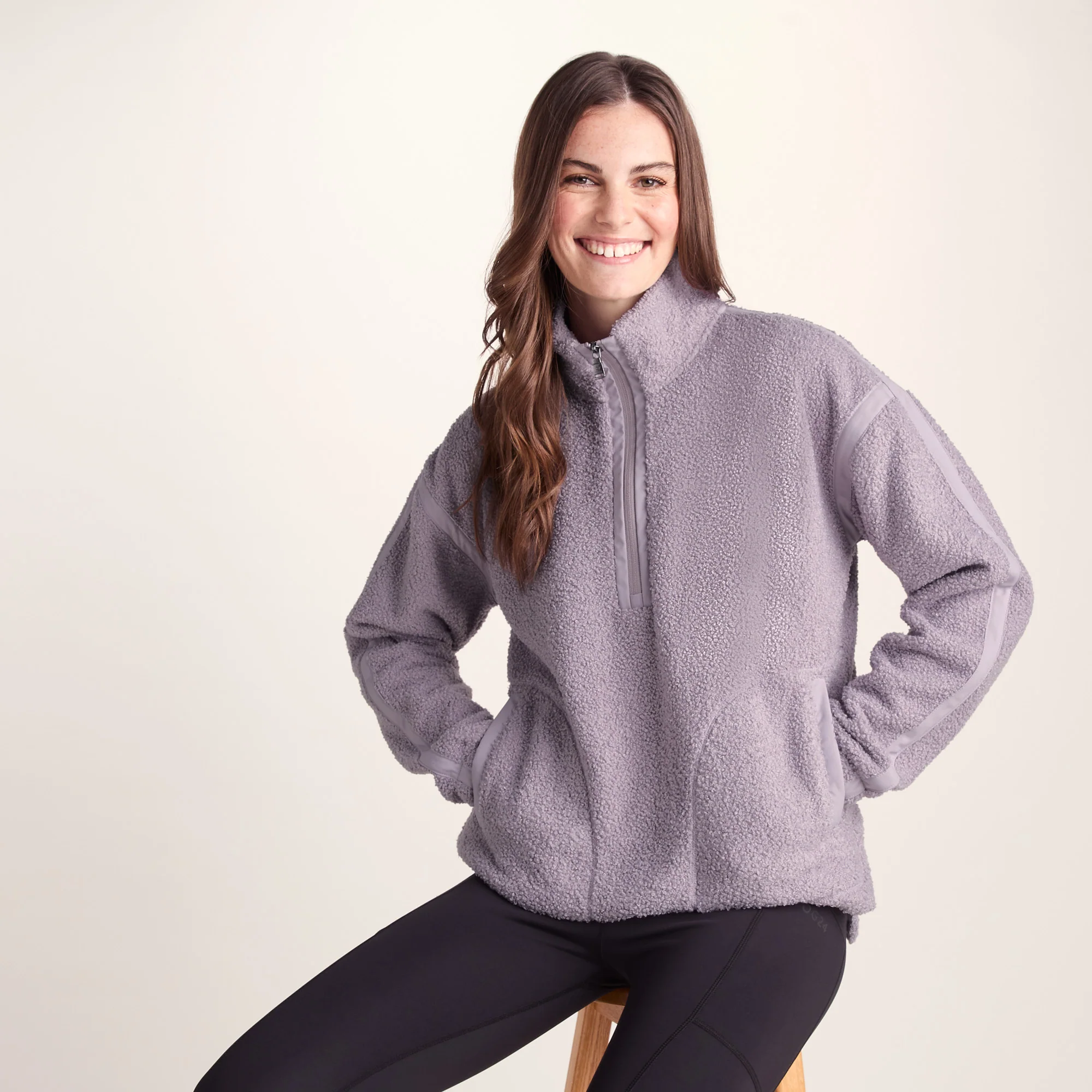 Priya Womens Relaxed Fit Sherpa Fleece Zip Neck - Lavender Grey - Image 4