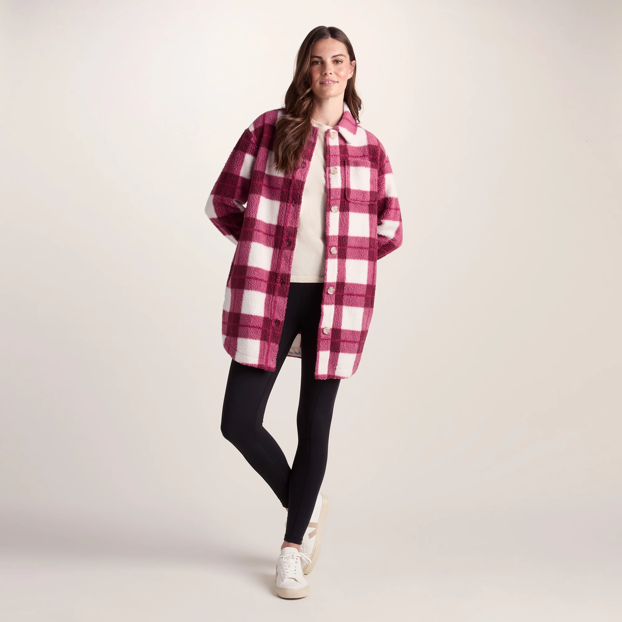 Sally Womens Sherpa Fleece Shacket - Burgundy Check - Image 2