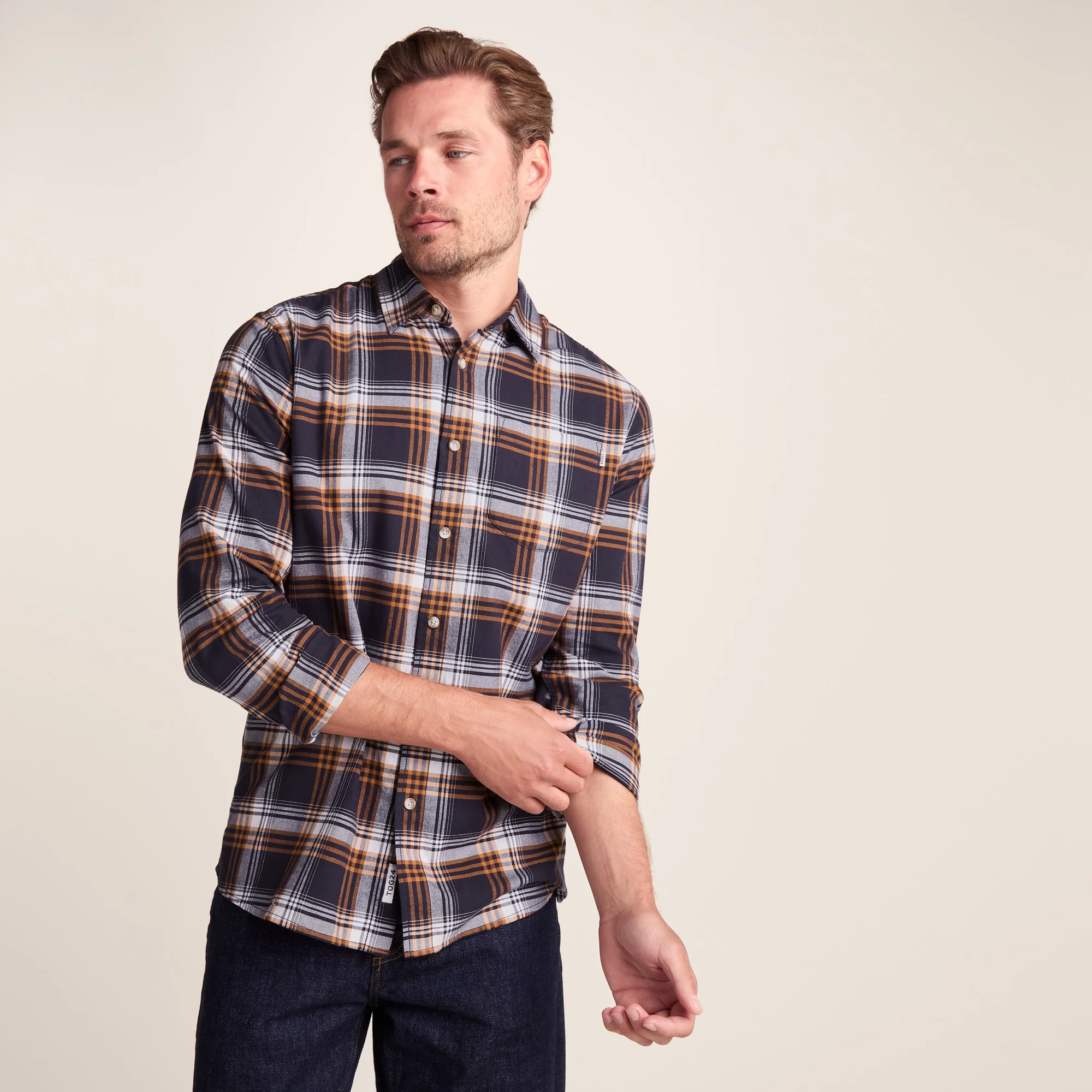 Whitman Mens Long Sleeve Cotton Flannel Shirt - Dark Indigo/Mahogany Check - Image 2